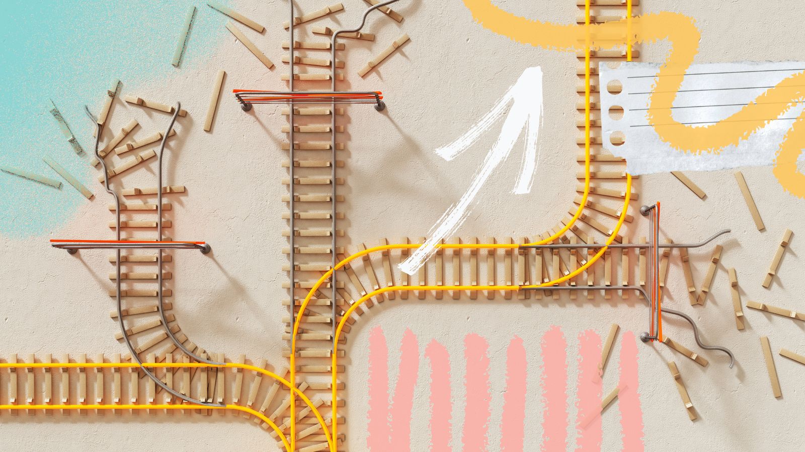 An image depicting a strategy: a railway made of clothespins in a beach scenery. Some routes are blocked, while the correct route is indicated by a yellow line. 