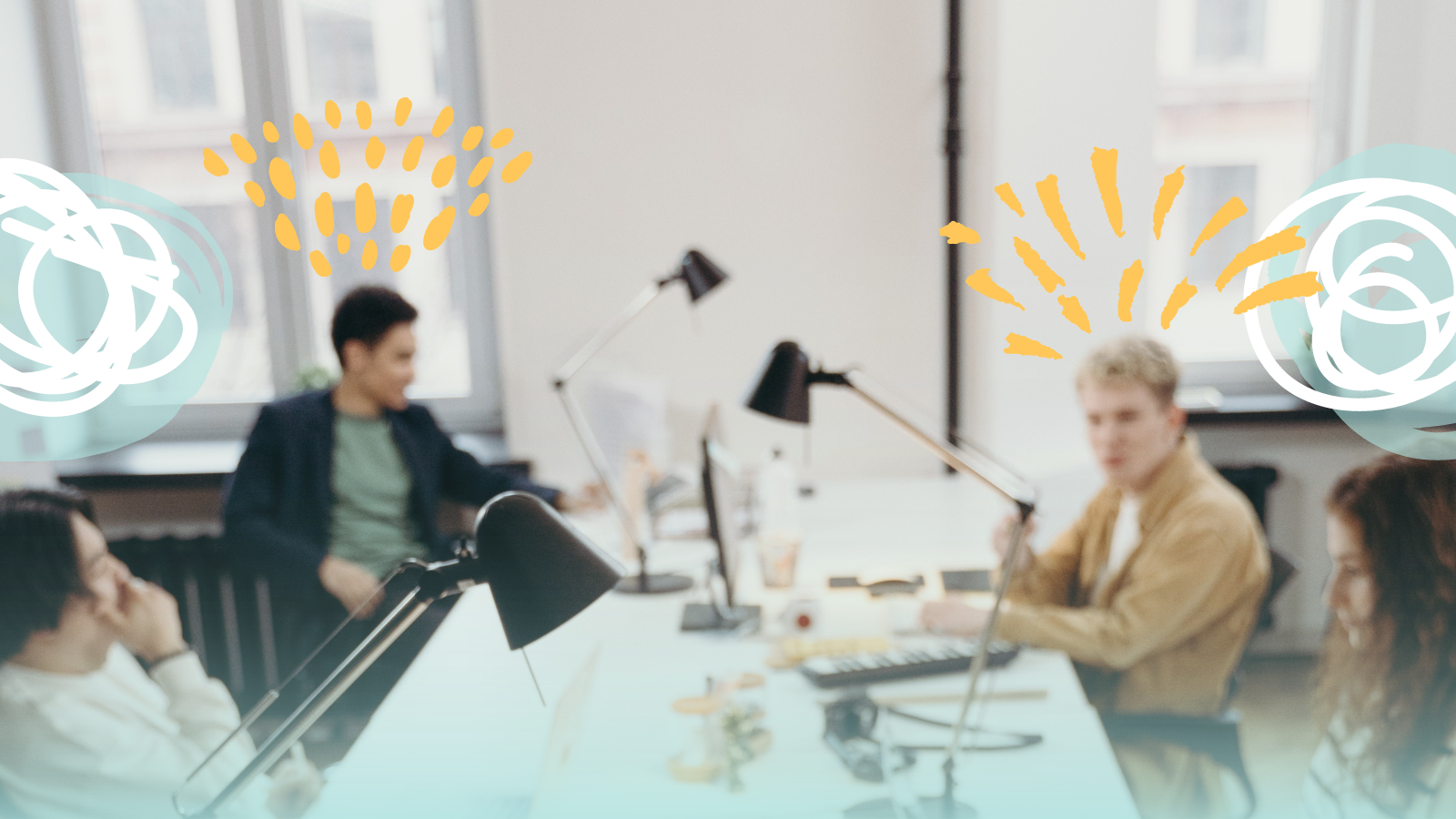 Four people at an office sitting at their desks having a discussion. Expressive, colorful illustrations are at the forefront, signifying their dynamic conversation.