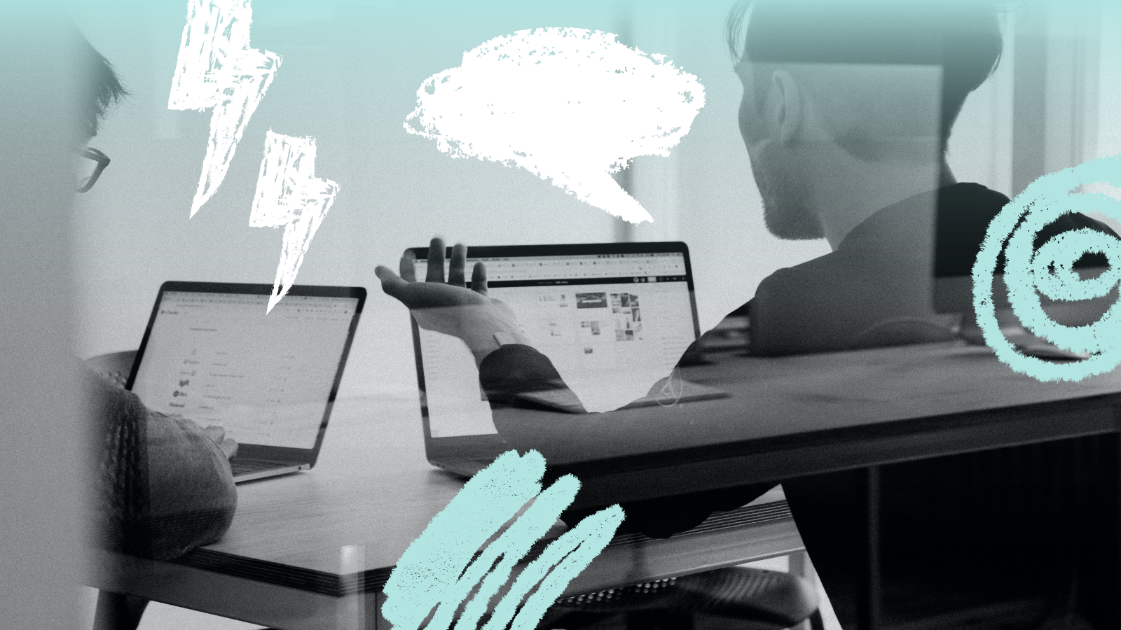 Two young men sitting near each other in an office room, reviewing work on their laptops together and having a discussion. Expressive sketch illustrations are at the forefront, in the shapes of a speech bubble and lightning bolts.