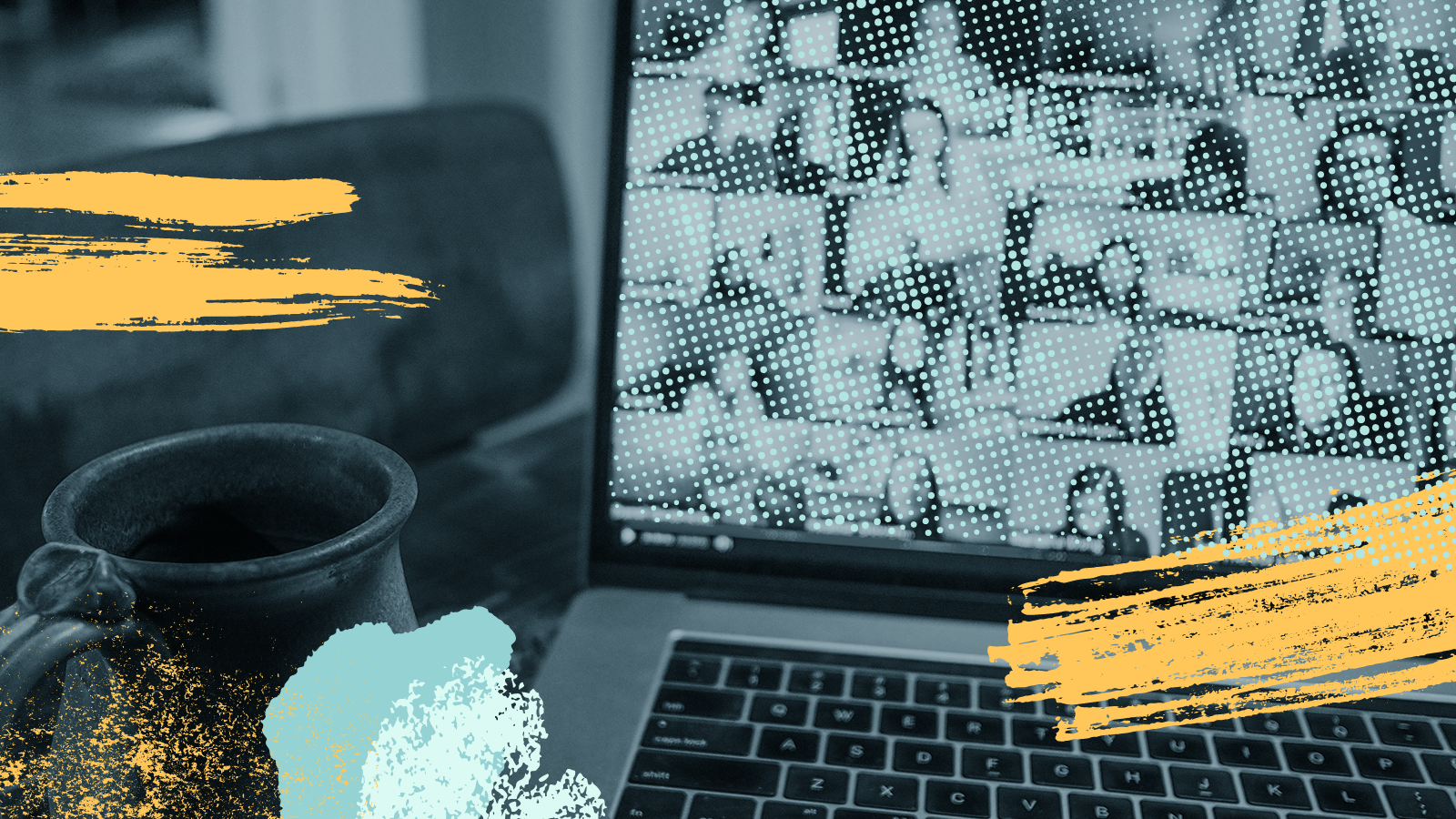 A closeup of a laptop screen where a team is meeting on a Zoom video call. The image has textured, expressive sketch illustrations overlaying it.