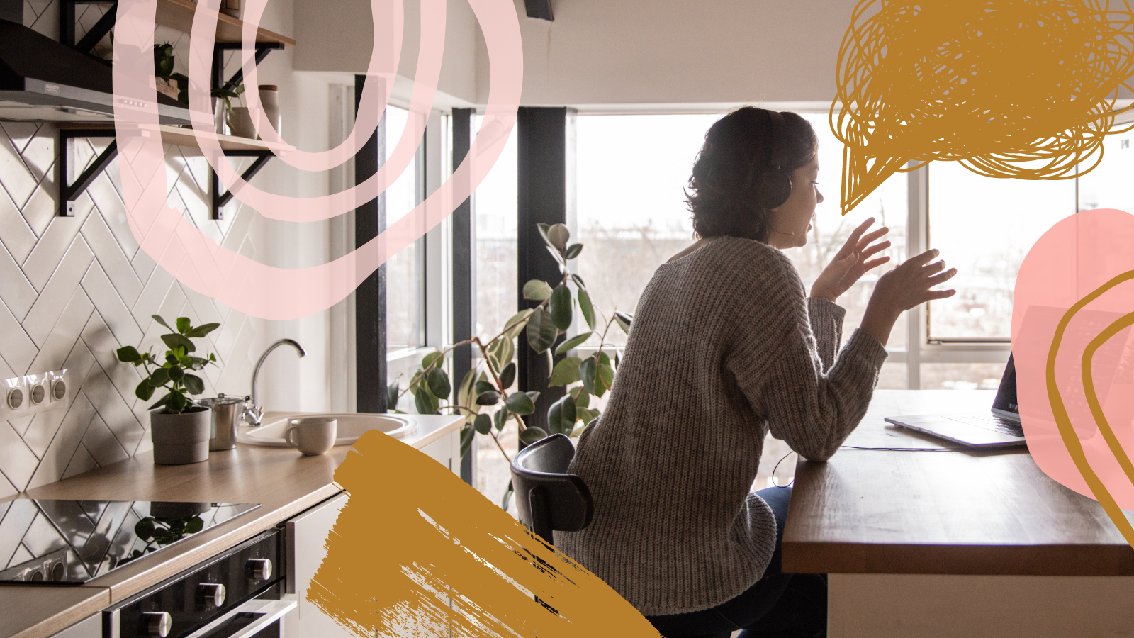 A young woman sitting at home at her kitchen island with a headset on, while on a video call for work. She is mid conversation, with her hands lifted while she speaks. There are colorful, abstract sketches overlaying the image, including one that is squiggly in the shape of a speech bubble.