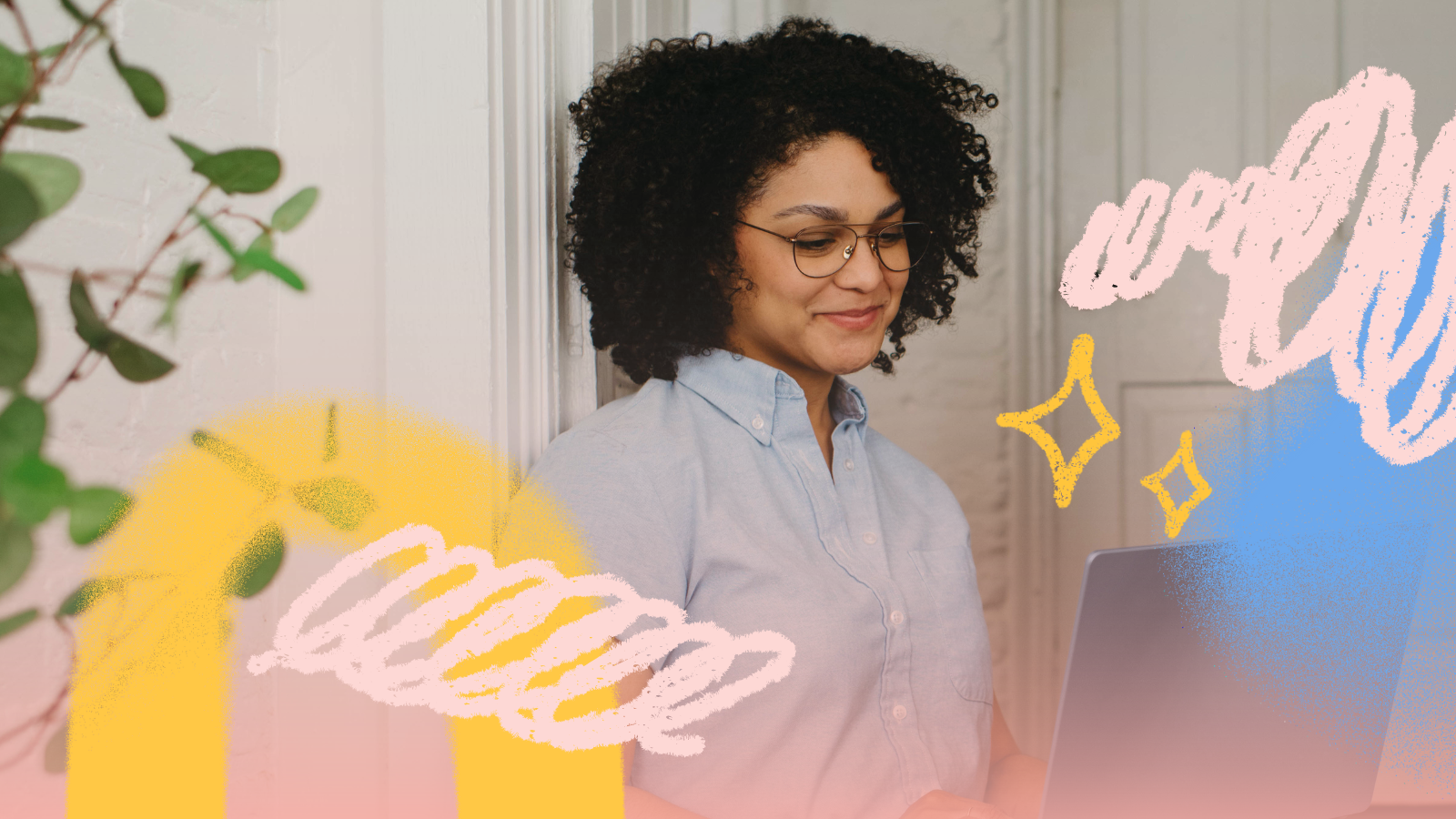 A young professional sitting at home staring down at their laptop with a smile on their face. Colorful, expressive, and playful sketches are at the forefront.