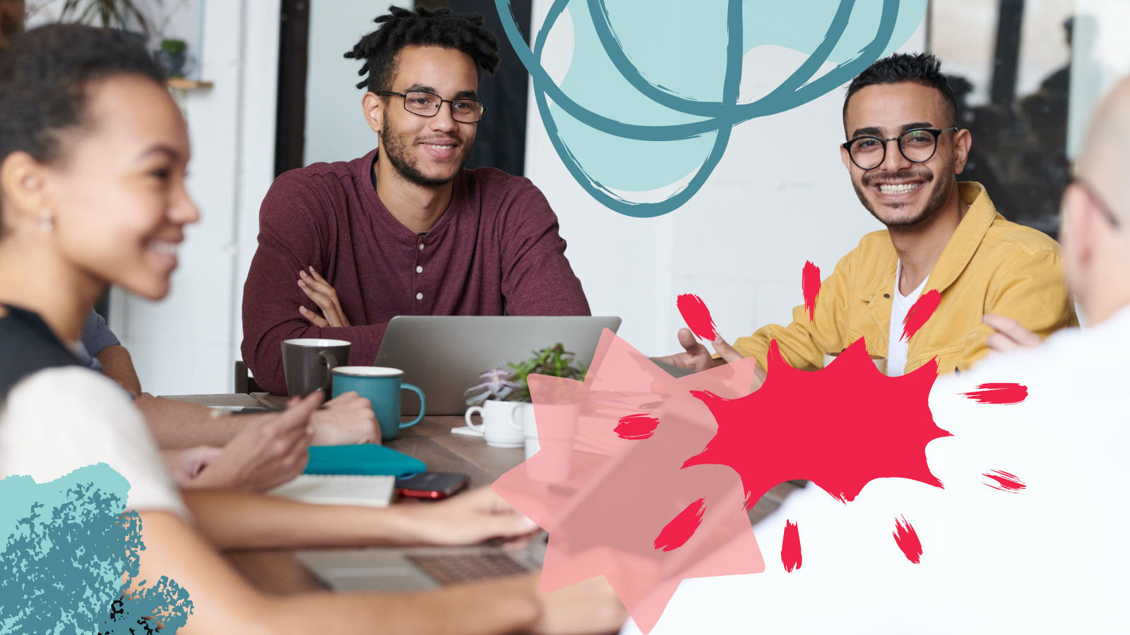 An image depicting a team meeting in an office space. 